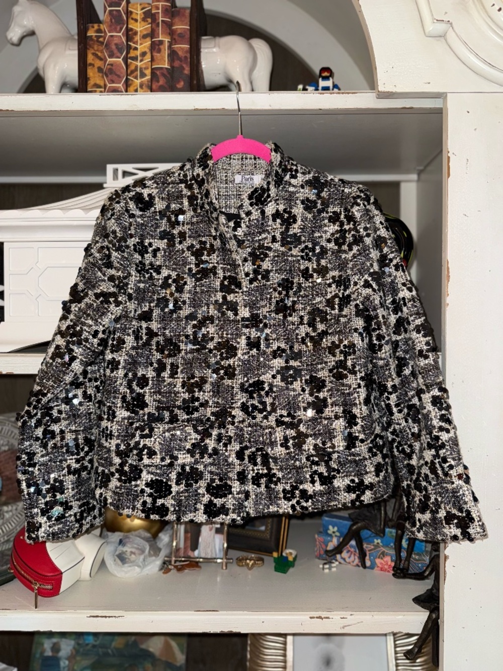 Paris hues brand Medium sequin blazer black white tweed